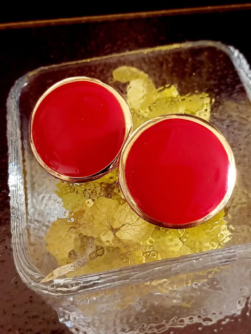 vintage jewelry  時尚圓形金邊紅琺瑯 夾式耳環