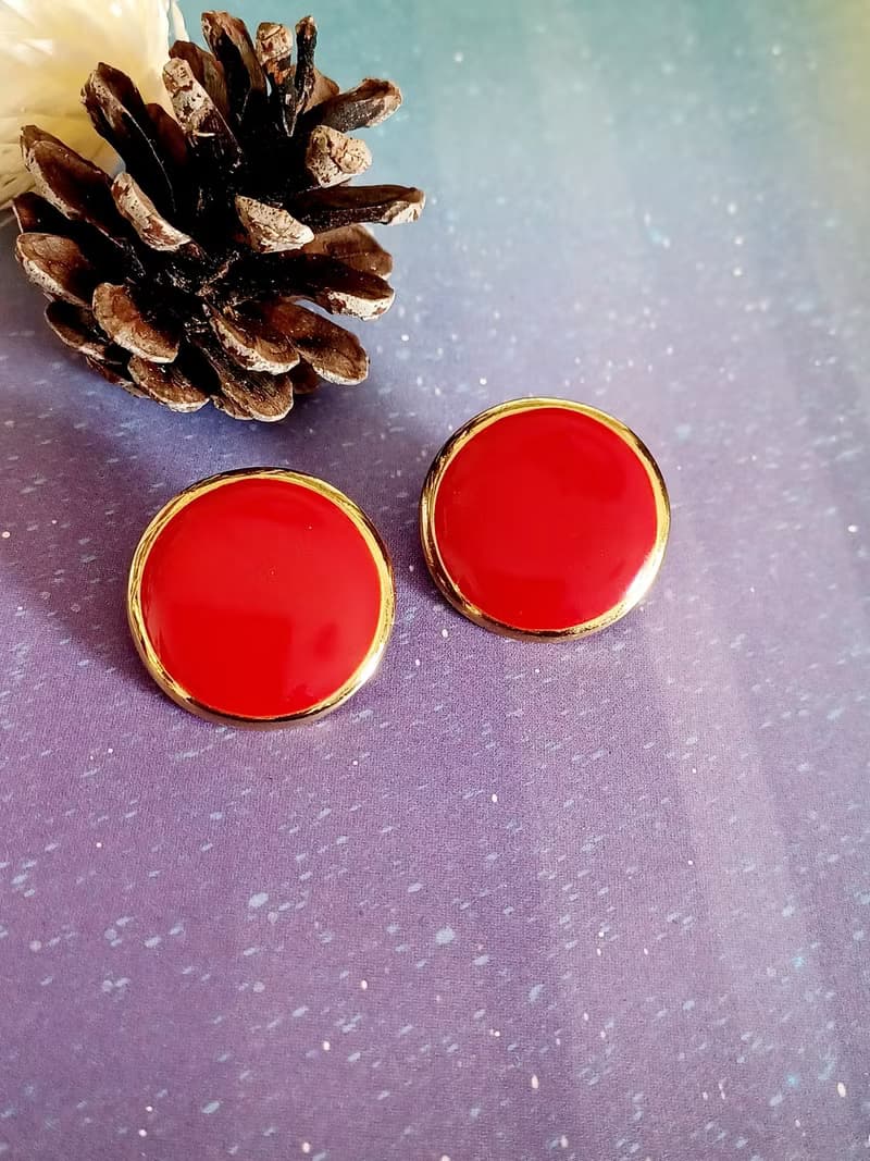vintage jewelry  時尚圓形金邊紅琺瑯 夾式耳環