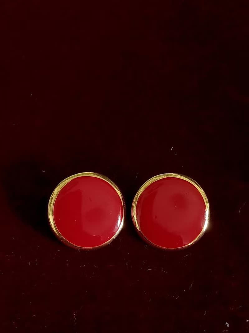 vintage jewelry  時尚圓形金邊紅琺瑯 夾式耳環