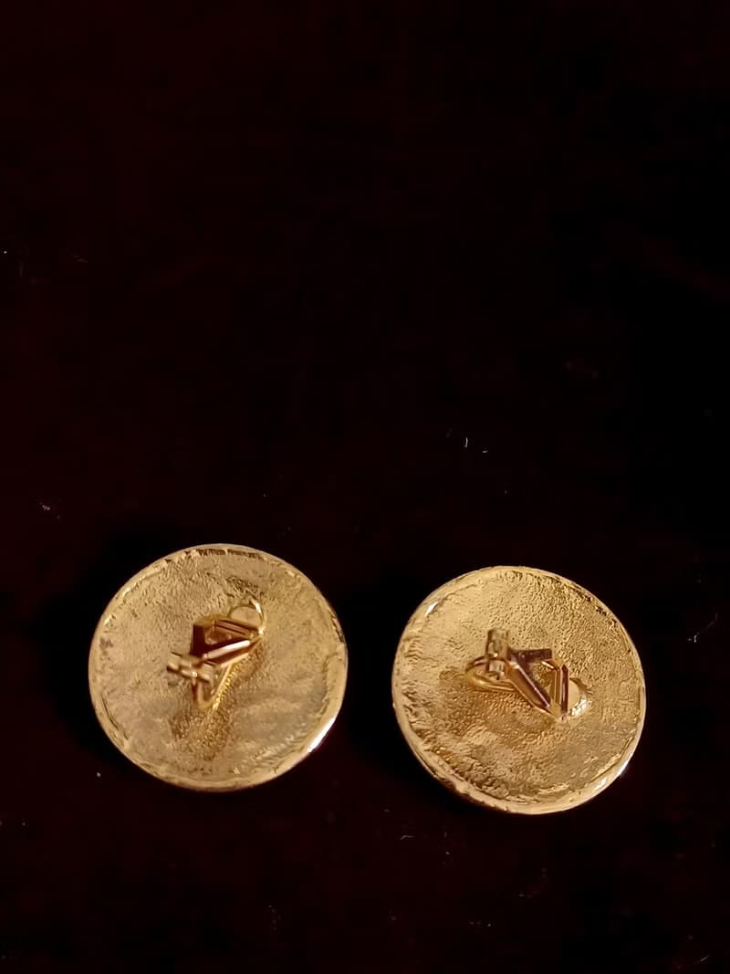 vintage jewelry  時尚圓形金邊紅琺瑯 夾式耳環