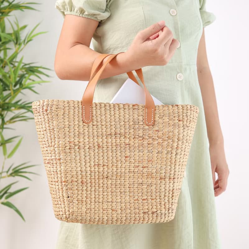 帆布袋 泰國手袋  皮革提手  夏季托特包  草編包  編織沙灘包