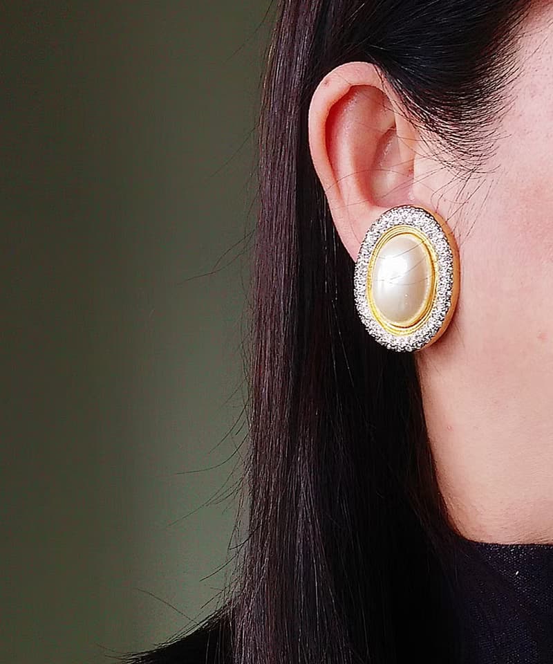 vintage jewelry  典雅萊茵蛋型仿珠 夾式耳環