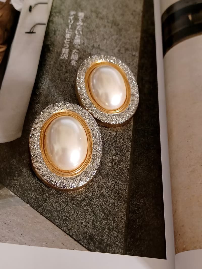 vintage jewelry  典雅萊茵蛋型仿珠 夾式耳環