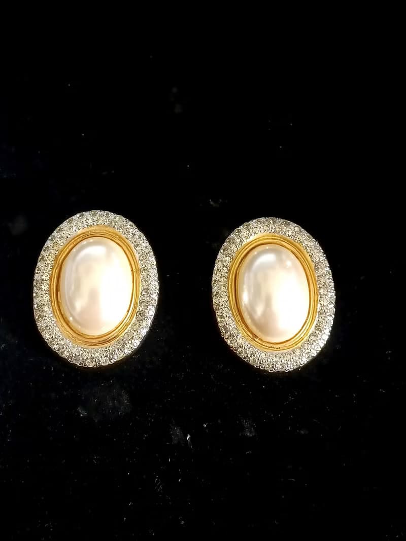 vintage jewelry  典雅萊茵蛋型仿珠 夾式耳環