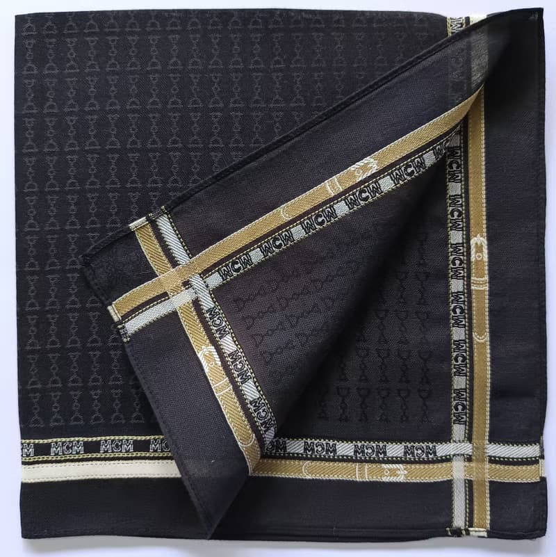 MCM Vintage Handkerchief Pocket Square Black Brown Gift for Him 19 x 18 inches