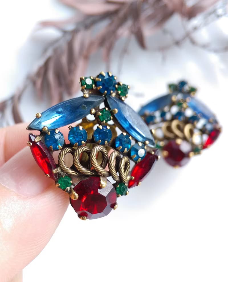 Vintage Jewelry 西洋古董飾品 WEISS 藍紅調 優雅萊茵 夾式耳環