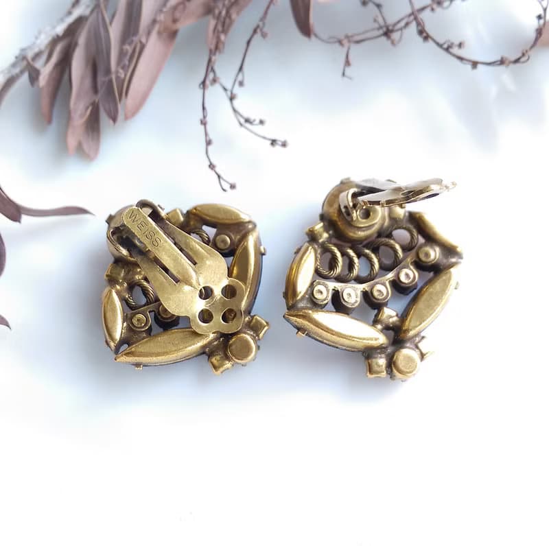 Vintage Jewelry 西洋古董飾品 WEISS 藍紅調 優雅萊茵 夾式耳環