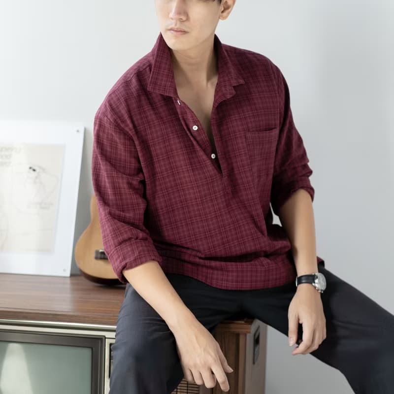 Blue & J Natural Cotton White Buttons Shirt - Dark Red