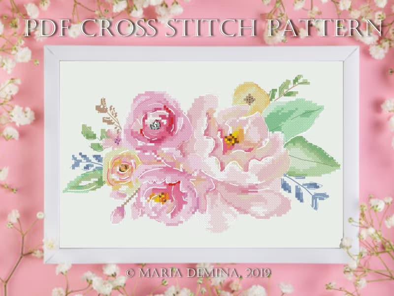 【數位】Colors Of Spring Watercolor Bouquet PDF cross stitch pattern