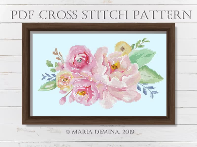 【數位】Colors Of Spring Watercolor Bouquet PDF cross stitch pattern