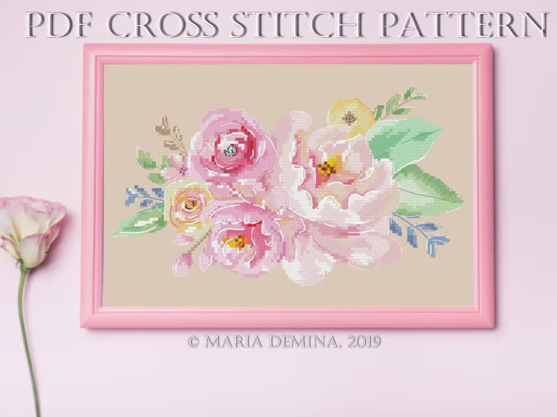 【數位】Colors Of Spring Watercolor Bouquet PDF cross stitch pattern