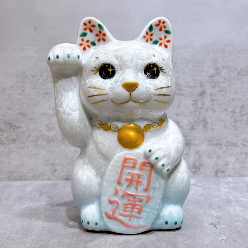 【水白招福】日本清水燒招財貓 | 花結晶 水白 開運 右