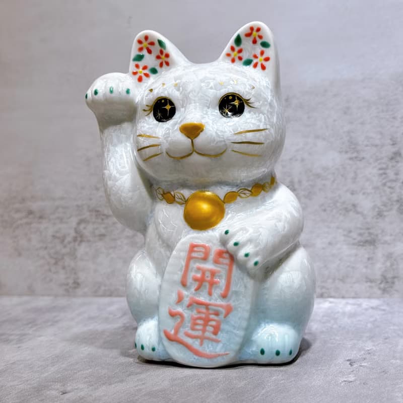 【水白招福】日本清水燒招財貓 | 花結晶 水白 開運 右