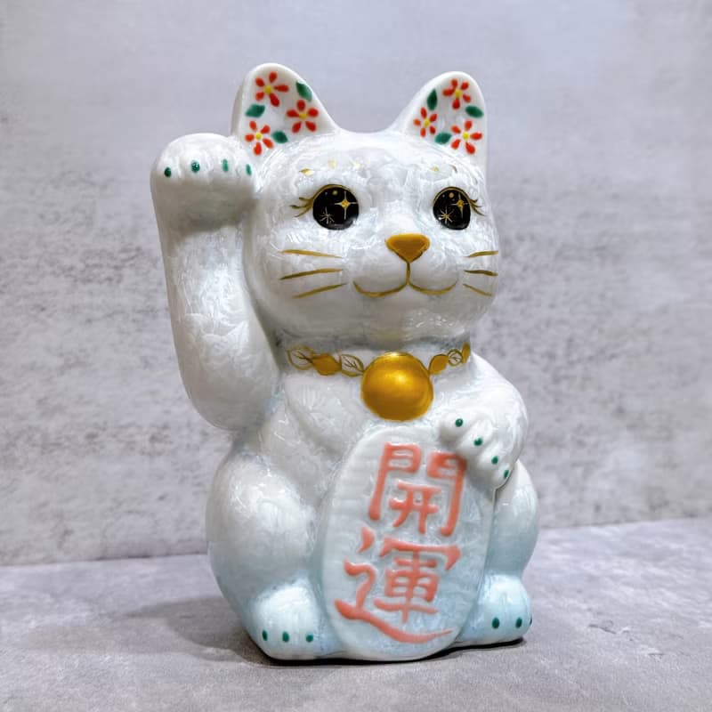 【水白招福】日本清水燒招財貓 | 花結晶 水白 開運 右