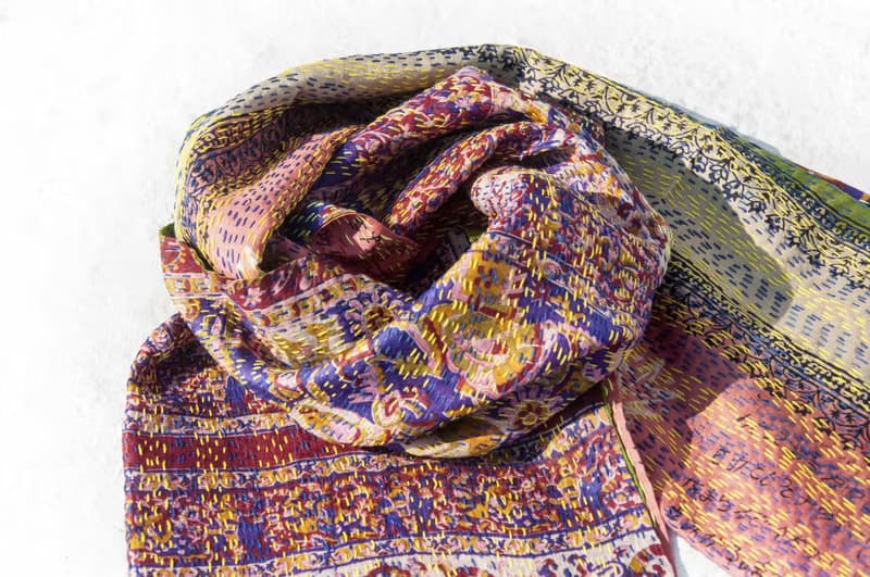 手工縫紗麗布絲巾/絲綢刺繡圍巾/印度絲綢刺繡絲巾-異國風花朵