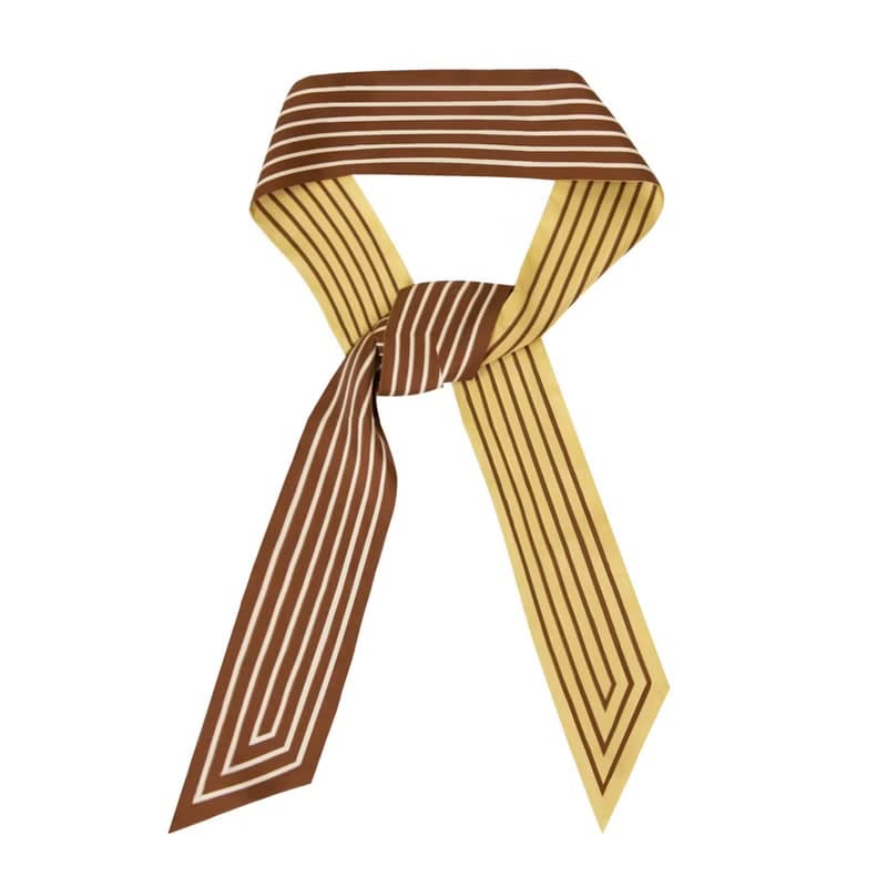 retar 褐色栗子黃條紋緞帶式長條絲巾復古髮帶腰帶桑蠶絲真絲圍巾
