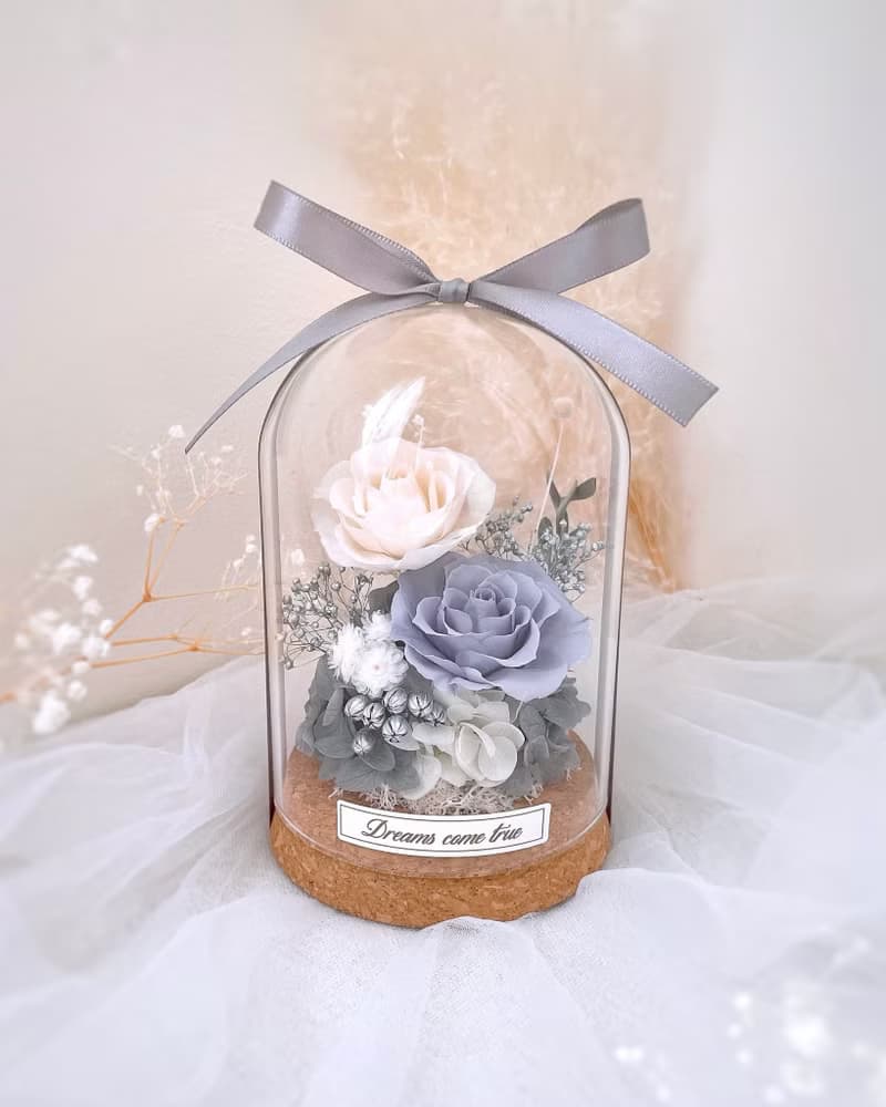 永生花玻璃盅-銀霧灰 l 不凋花玻璃盅 日本玫瑰 情人節禮物