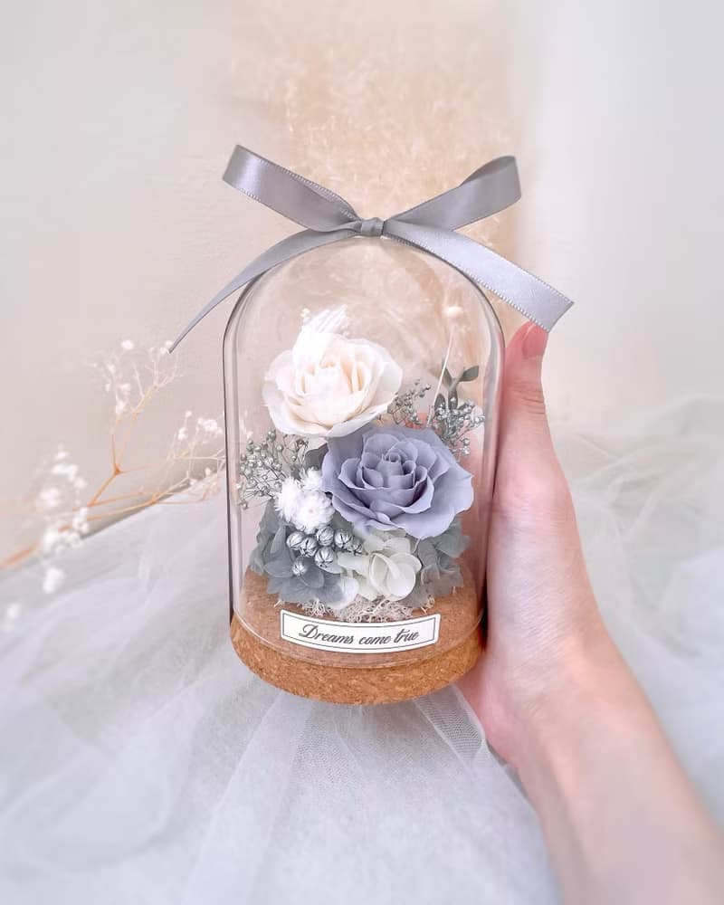 永生花玻璃盅-銀霧灰 l 不凋花玻璃盅 日本玫瑰 情人節禮物