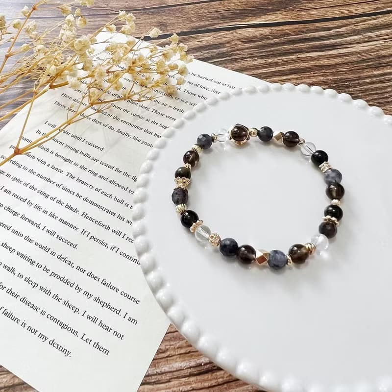 濃情巧克力//黑曜石 鑽切堇青石 白水晶 茶晶 天然石 水晶手鍊