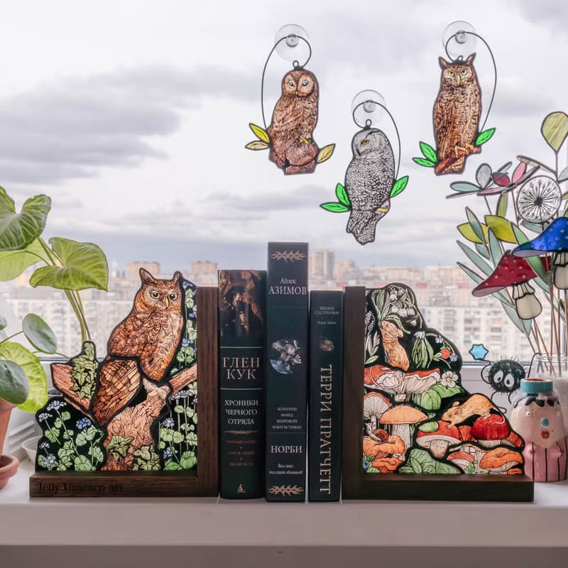 Stained glass bookends with mushrooms and owl, Home decor with fungi