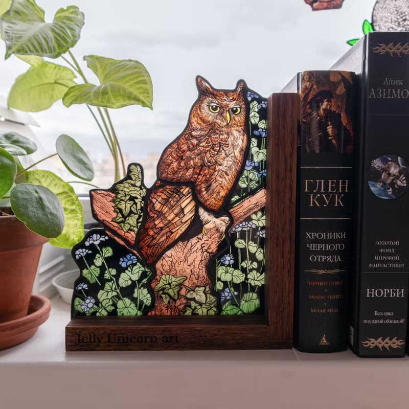 Stained glass bookends with mushrooms and owl, Home decor with fungi