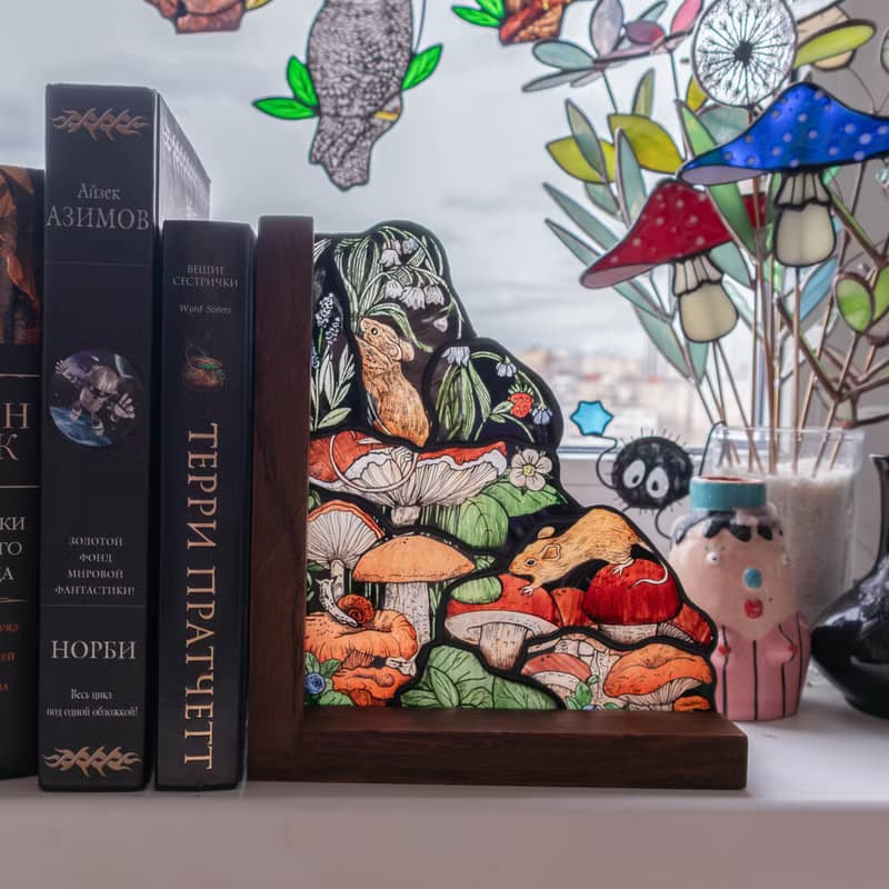 Stained glass bookends with mushrooms and owl, Home decor with fungi