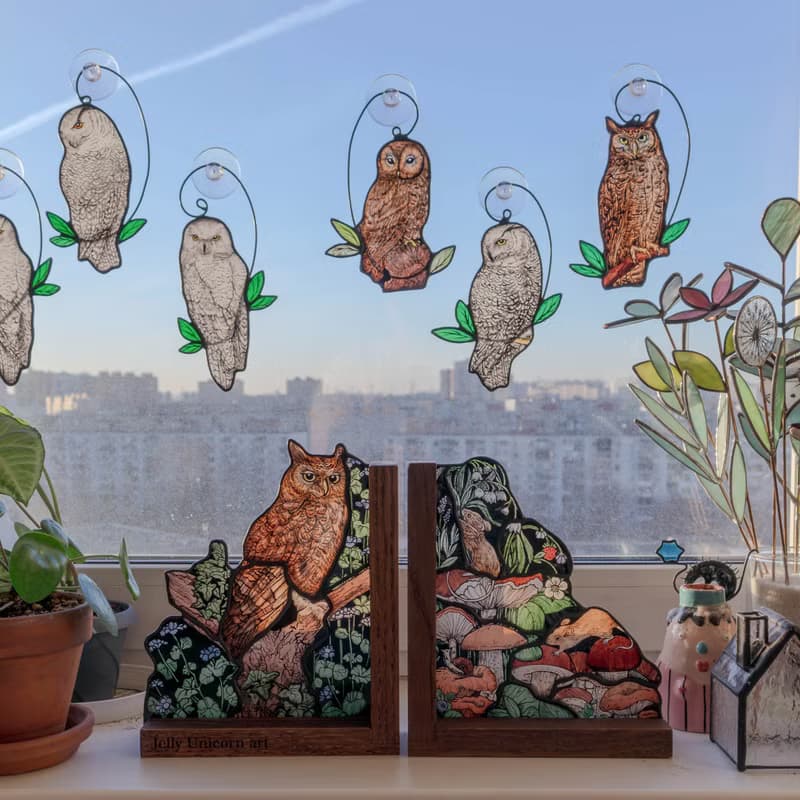 Stained glass bookends with mushrooms and owl, Home decor with fungi