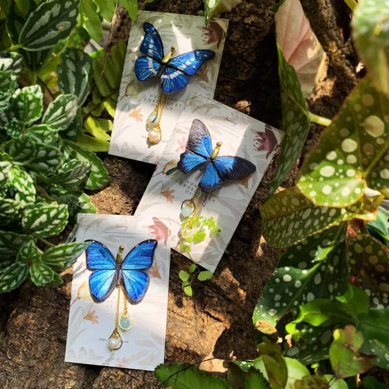 耳環 光明女神閃蝶 刺繡 蝴蝶 手工 珍珠 耳夾 生日  禮物