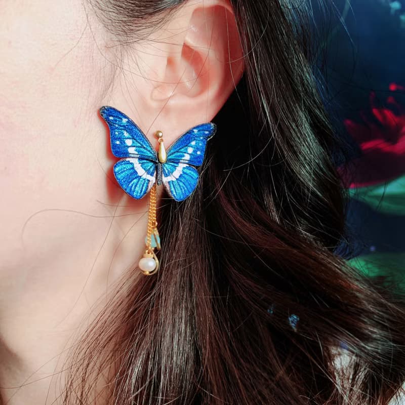 耳環 光明女神閃蝶 刺繡 蝴蝶 手工 珍珠 耳夾 生日  禮物