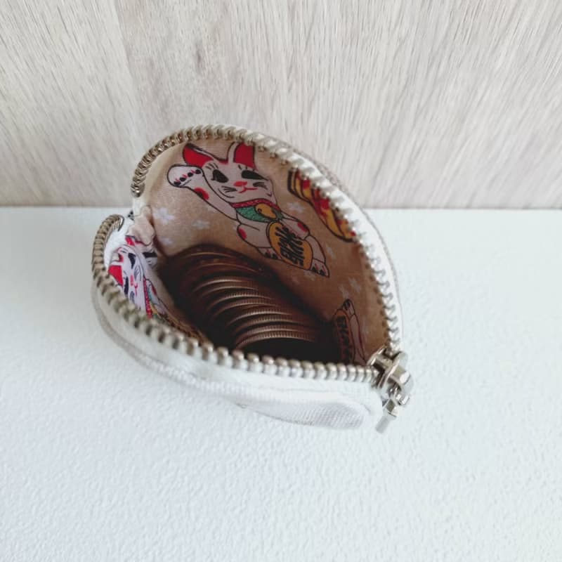 【FCC/錢幣零錢包】日幣款 裡布招財貓 銀色刺繡 日本帆布亞麻布