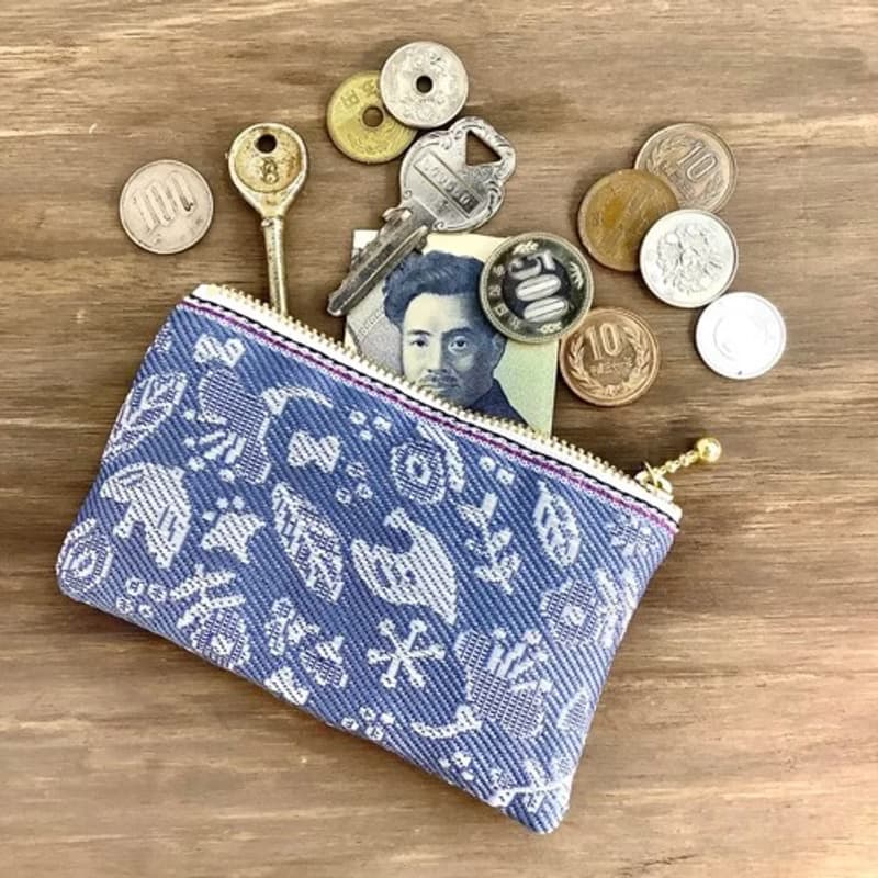 【小鳥と花と・・・】畳縁　ぺたんこ　ミニポーチ　小銭入れ　カードケース　薄花色　ブルーグレー　大人可愛い