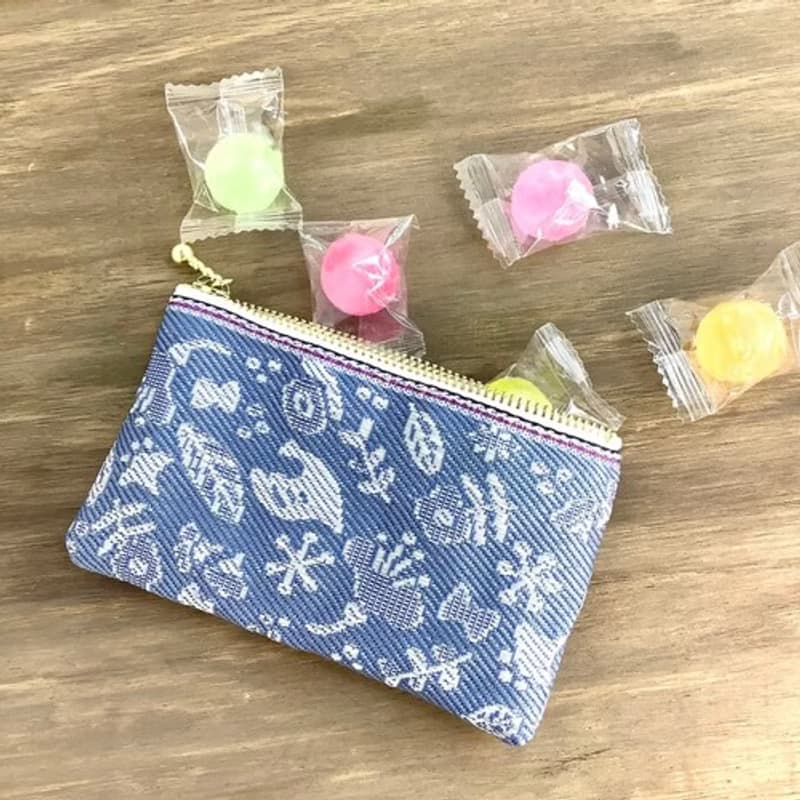 【小鳥と花と・・・】畳縁　ぺたんこ　ミニポーチ　小銭入れ　カードケース　薄花色　ブルーグレー　大人可愛い