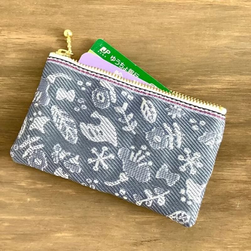 【小鳥と花と・・・】畳縁　ぺたんこ　ミニポーチ　小銭入れ　カードケース　薄花色　ブルーグレー　大人可愛い