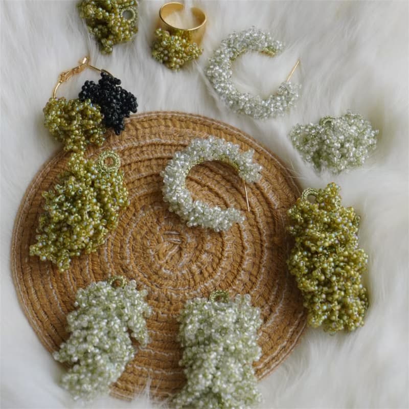 綠色系鉤針串珠飾品米珠串珠耳飾耳釘日式鉤針編織串珠可換耳夾