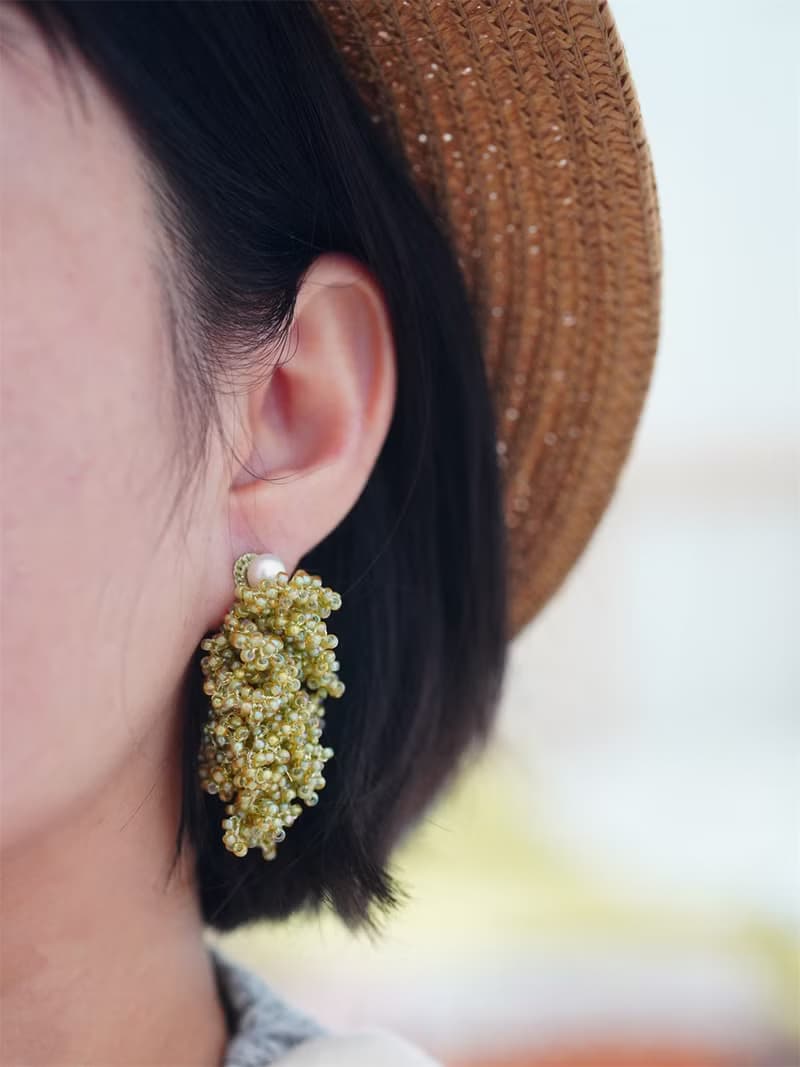 綠色系鉤針串珠飾品米珠串珠耳飾耳釘日式鉤針編織串珠可換耳夾