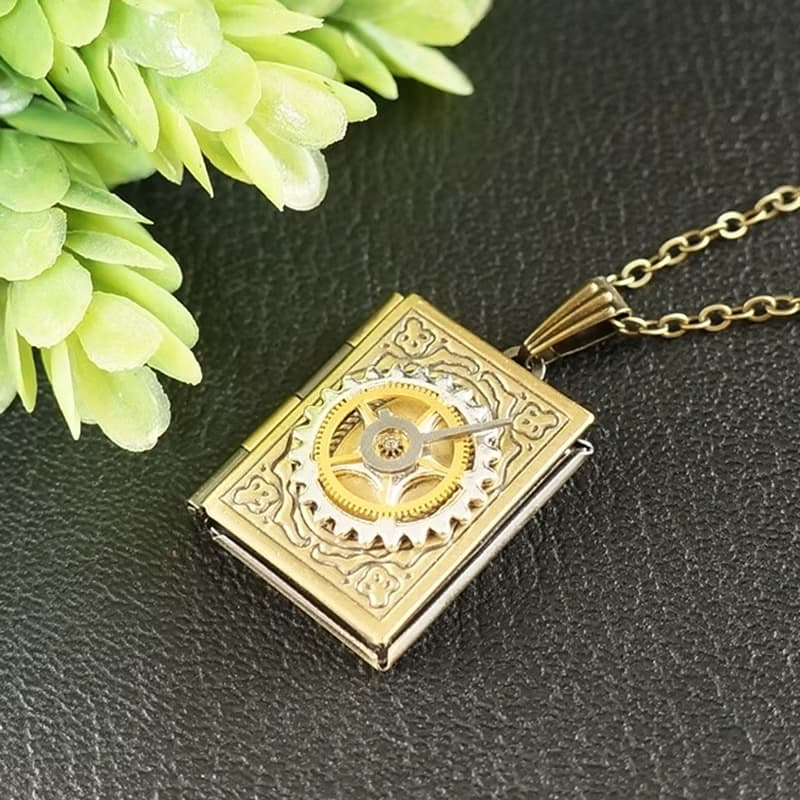 Steampunk Locket Necklace Rectangle Watch Parts Gears Pendant Necklace Jewelry