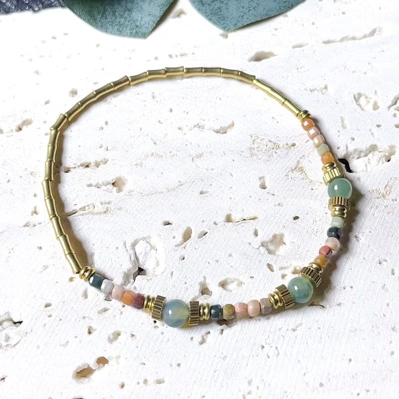 VIIART。碎花布。阿拉善水草瑪瑙黃銅手環|天然石彩玉日系手鍊