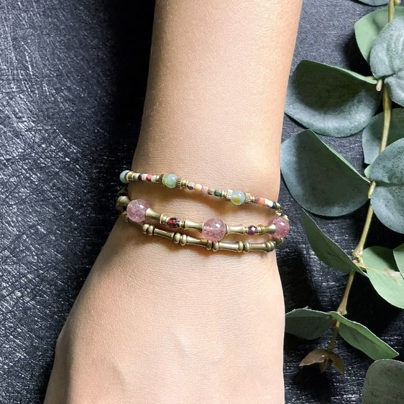 VIIART。碎花布。阿拉善水草瑪瑙黃銅手環|天然石彩玉日系手鍊