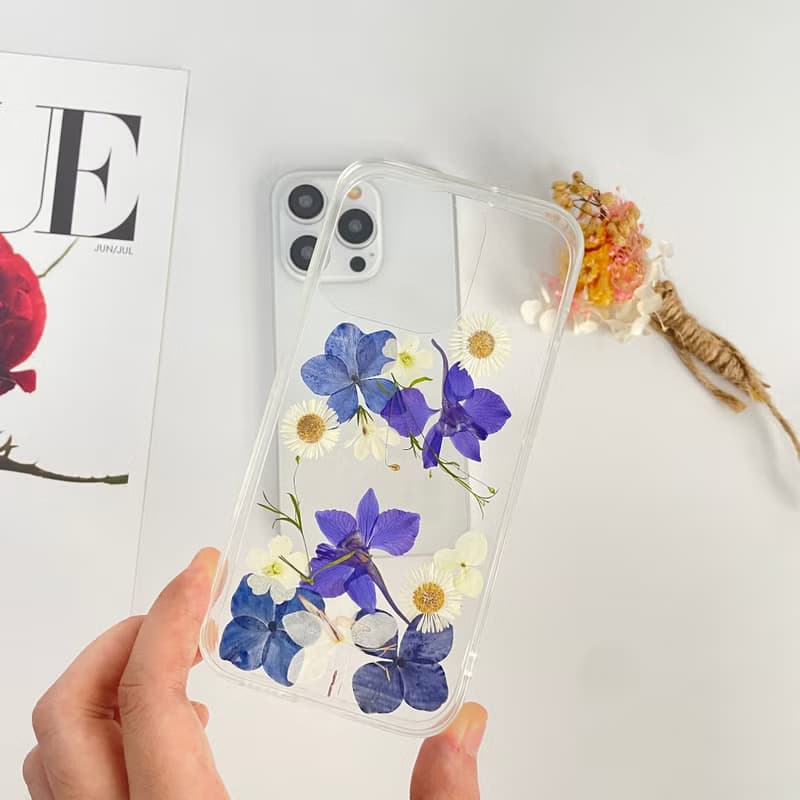 天然藍白花押花手機殼 適用於iPhone 16 Pro Max Samsung S25 A35
