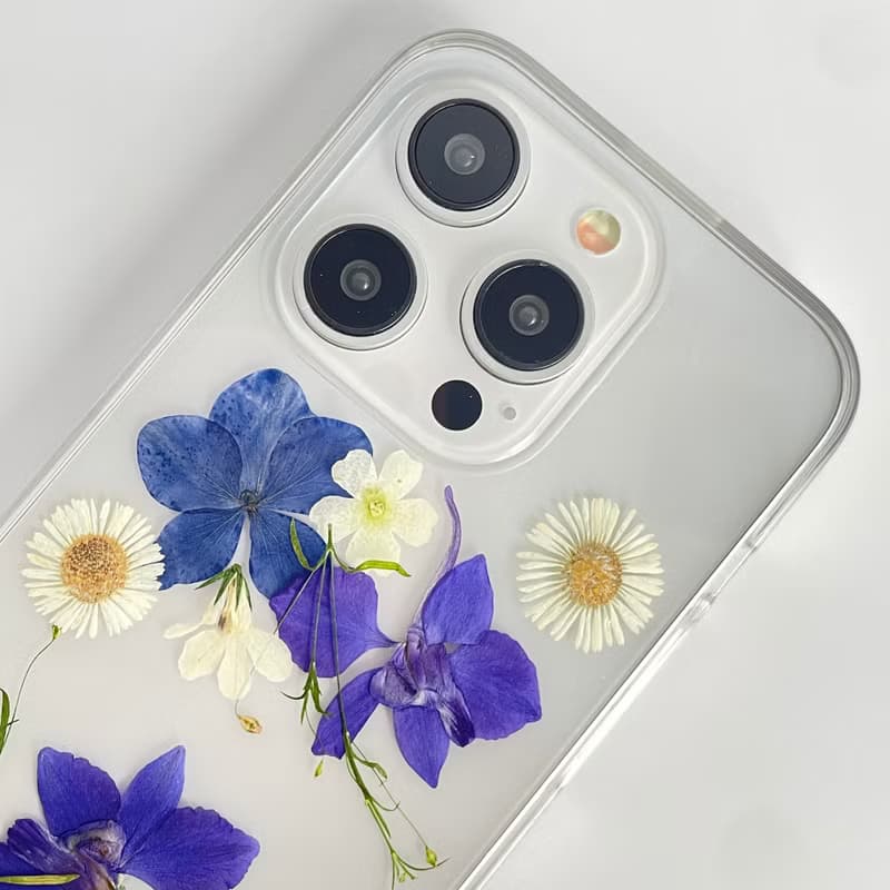 天然藍白花押花手機殼 適用於iPhone 16 Pro Max Samsung S25 A35