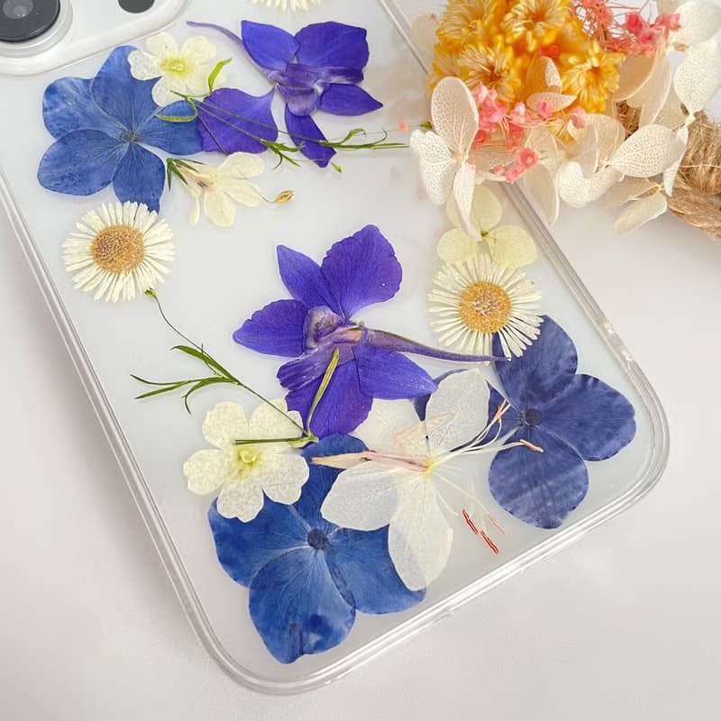 天然藍白花押花手機殼 適用於iPhone 16 Pro Max Samsung S25 A35