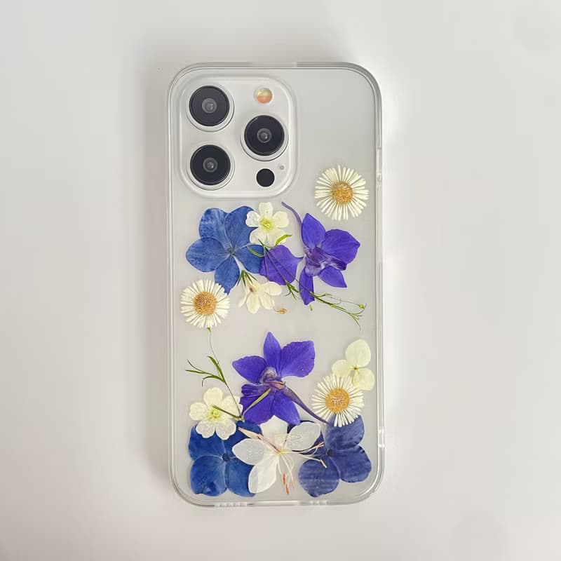 天然藍白花押花手機殼 適用於iPhone 16 Pro Max Samsung S25 A35