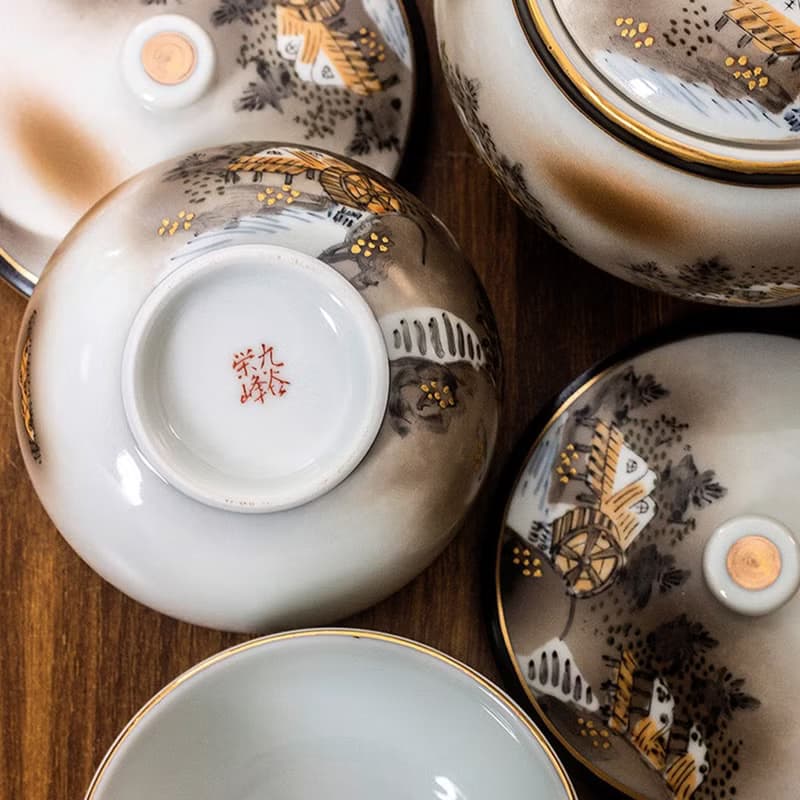 日本進口九谷燒手工側把泡茶壺金墨山水帶蓋茶具套裝一壺五杯禮盒