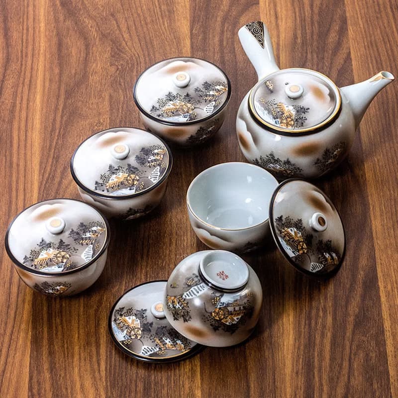 日本進口九谷燒手工側把泡茶壺金墨山水帶蓋茶具套裝一壺五杯禮盒
