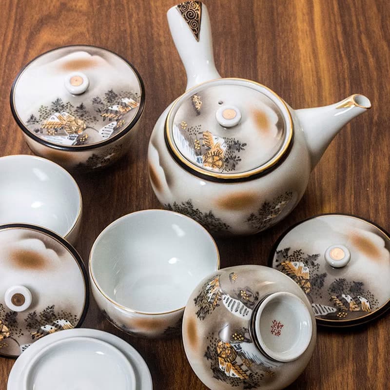 日本進口九谷燒手工側把泡茶壺金墨山水帶蓋茶具套裝一壺五杯禮盒