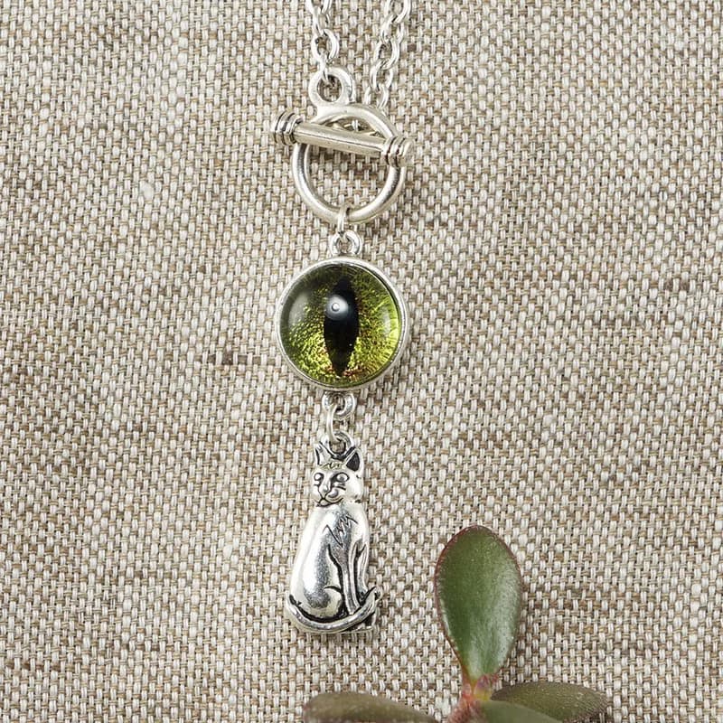Olive Green Glass Cat Eye Necklace Silver Cat Kitten Evil Eye Necklace Jewelry