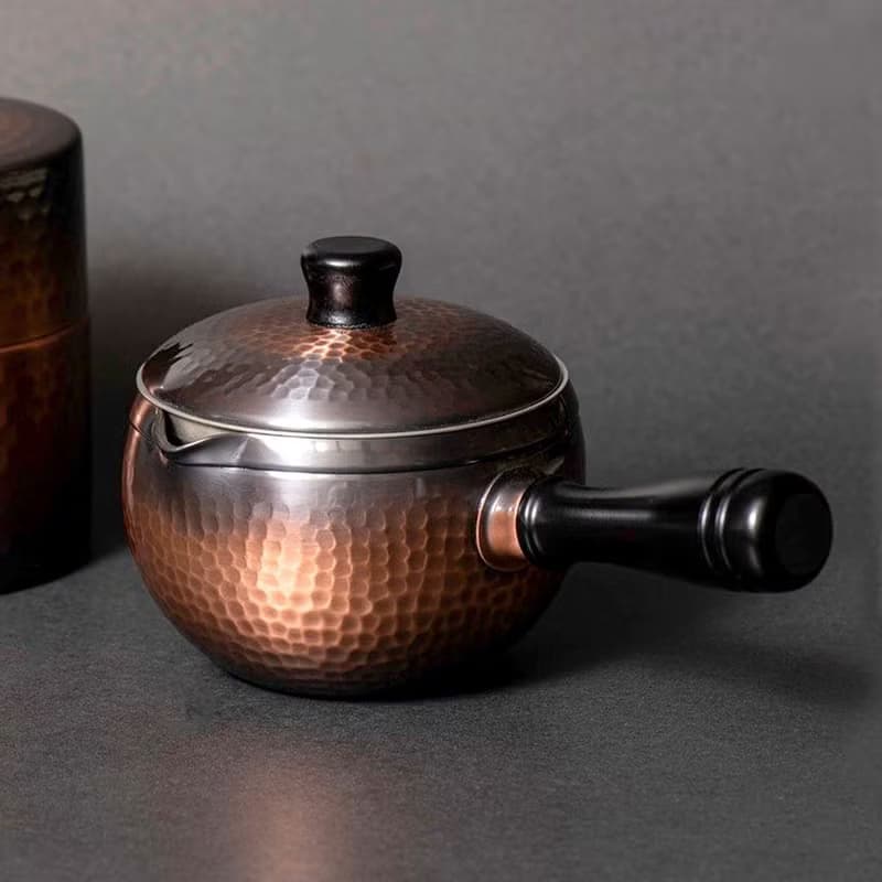 日本新光堂 日製純銅鎚目紋橫手急須壺(附濾茶器)-350ml-多色可選