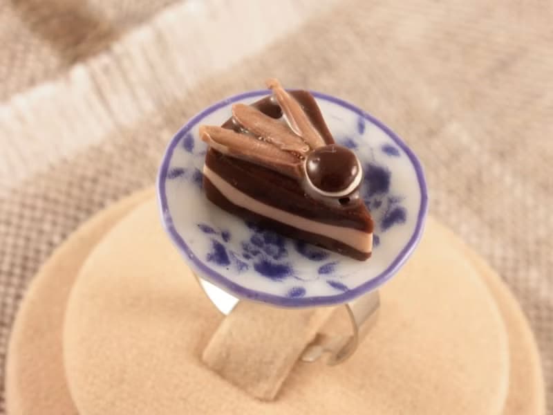 Chocolate Cake Porcelain Plate Blue Brown Adjustable Ring Food Miniature Jewelry