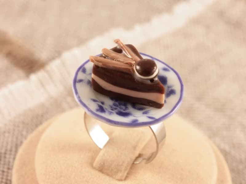 Chocolate Cake Porcelain Plate Blue Brown Adjustable Ring Food Miniature Jewelry