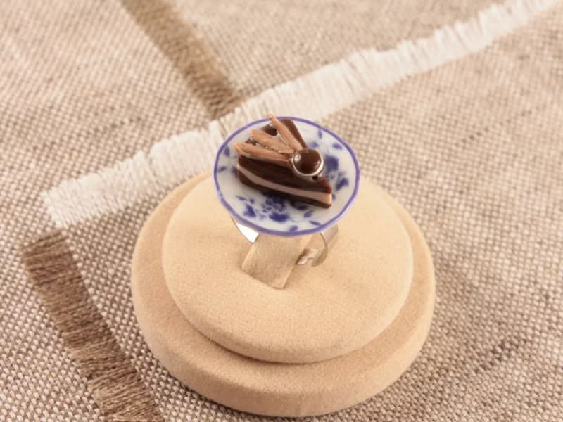 Chocolate Cake Porcelain Plate Blue Brown Adjustable Ring Food Miniature Jewelry